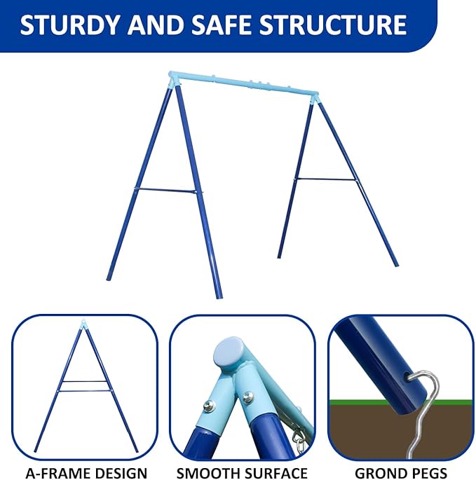 2 Seat Swing Set for Backyard - Metal A-Frame Holds 440 lbs, 1 Adjustable Saucer Swing and 1 u-Shape Swing - Suitable for Kids 3-8 Years-CubbioJoy