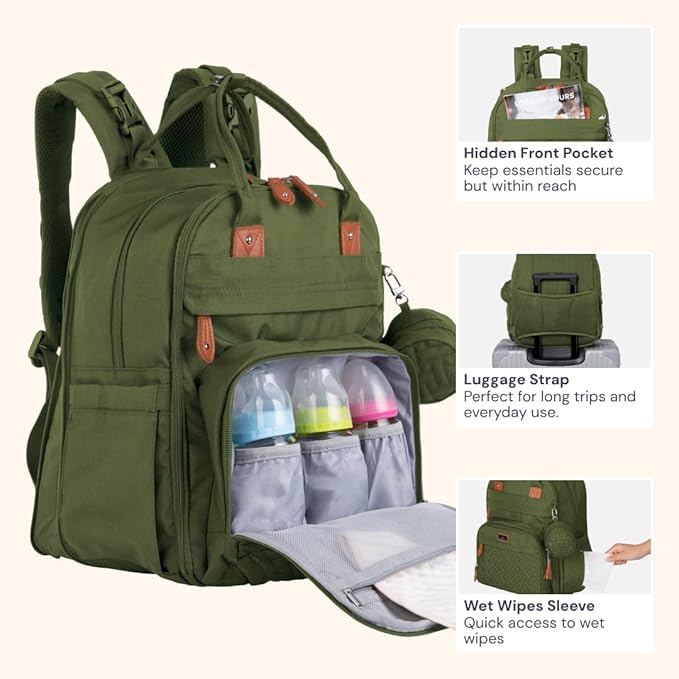 BabbleRoo Extra Large Diaper Bag Backpack, Expandable Baby Bag with Up to 50% More Capacity - Travel Essentials Baby Bag Tote with Changing Pad, Stroller Straps & Pacifier Case - Unisex, Forest Green-CubbioJoy