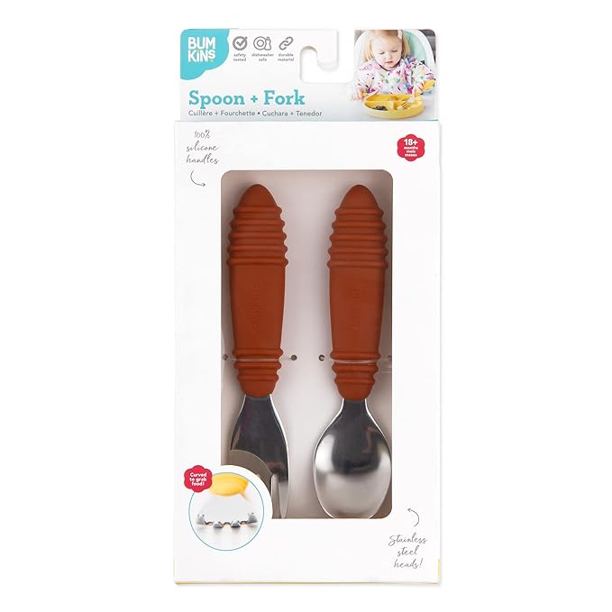 Bumkins Toddler Utensils, Kids Size Fork and Spoon Set, Silicone and Stainless-Steel Training Silverware, Angled Forks/Sporks for Self-Feeding, Children Hold Learning to Eat, 18 Months Up, Clay-CubbioJoy