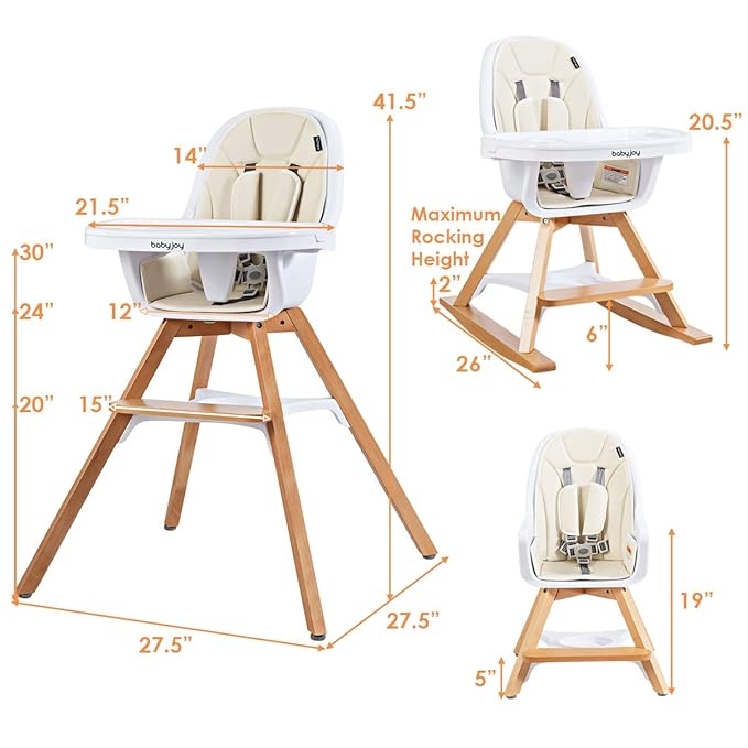 BABY JOY 3 in 1 High Chair, Baby Eat & Grow Convertible Wooden High Chair/Rocking Chair/Booster Seat/Toddler Chair, Infant Dining Chairs w/Double Removable Tray, 5-Point Seat Belt & PU Cushion, Beige-CubbioJoy