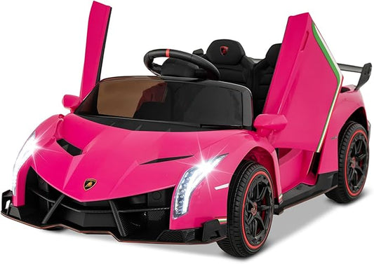 Costzon Pink Lamborghini Ride on Car, 12V Battery Powered 4WD Lambo Kids Car with Remote Control, 3 Speeds, Dual Doors, LED Lights, Horn, Music, Licensed Electric Vehicle for Toddlers Girls Kids Gift-CubbioJoy