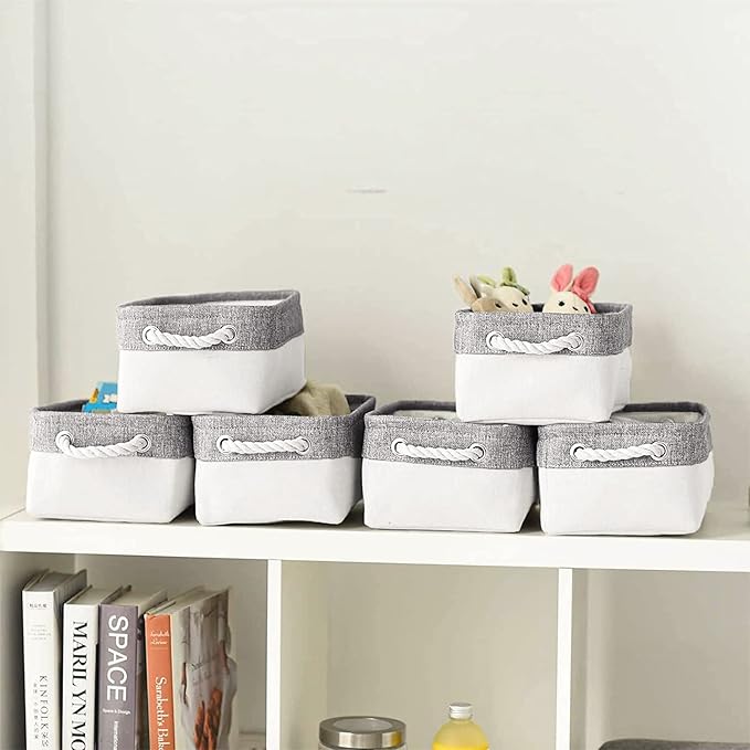 Basket for Organizing Cube Stgorage Bin - Small 6 Pack Fabric Storage Cubes Collapsible Baskets for Shelves with Rope, Bins for Organization Closet Cloth Toy Laundry Canvas (Grey&White 12x8x5.2 inch)-CubbioJoy