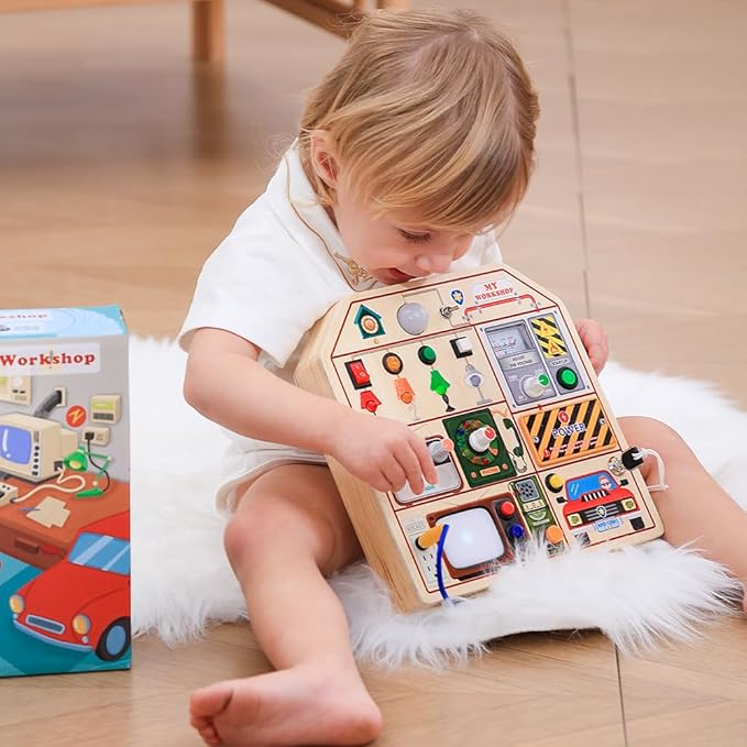 JAUNTY Montessori Wooden Busy Board for Toddlers 3 4 5 Years Old, Wooden Sensory Toddler Toys with LED Light Switches, TV Radio Telegram and Car Driving, Travel Toys Birthday for Boys Girls-CubbioJoy