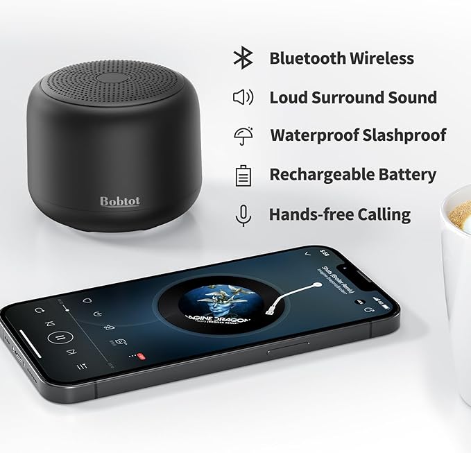 Bobtot Portable Bluetooth Speakers with Strap Easy to Carry, Wireless IPX5 Waterproof Mini Speaker with Loud Stereo Sound, 20 Hours Playtime, Rechargeable Battery, Built-in Microphone, Black-CubbioJoy