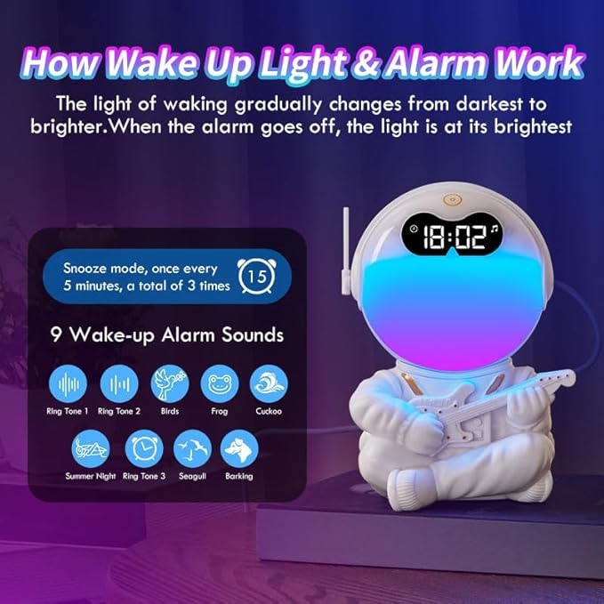 Astronaut Kids Sunrise Alarm Clock, 7 Dimmable Light Wake Clock for Teens, White Noise Bluetooth Speaker with 9 Soothing Sounds, Best Modern Alarm Clock for Heavy Sleepers, Adults, Boys in Bedroom-CubbioJoy