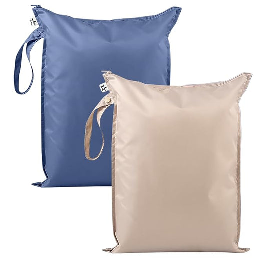 Tiny Twinkle Mess-Proof Waterproof Wet Dry Bag | 2-Pack Reusable Wet Bags for Swimsuits & Baby Clothes | Leakproof Wet Bag for Travel & Diaper Changes for Baby (Periwinkle, Pebble)-CubbioJoy
