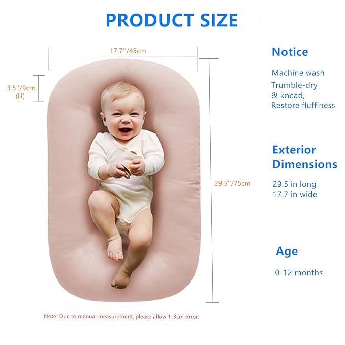 Baby Lounger Play Mat,Baby Lounger for Newborn Tummy Time for Baby in Bed,0° Angle Newborn Lounger Baby Nest for Boys & Girls 0-12 Months(Pink)-CubbioJoy