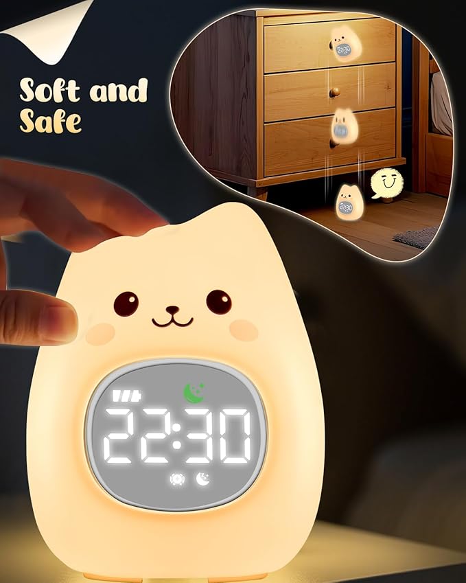 Cat Alarm Clock for Kids with Night Light, Sleep Training Clock Time to Wake Clock, Rechargeable Silicone Light for Bedroom, Perfect Sleep Companion for Boys Girls-CubbioJoy