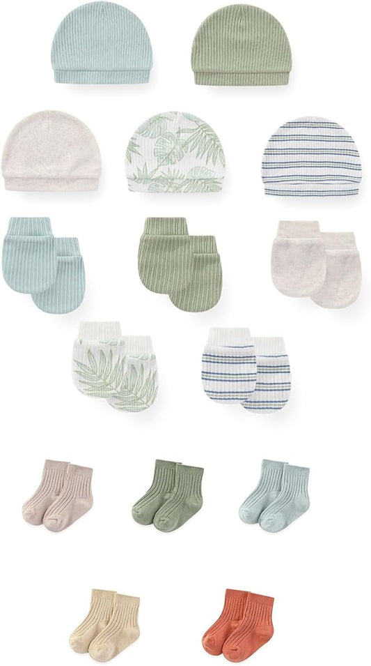 15 Pack Unisex New Born Boy Girls No Scratch Mittens Sets Cotton Soft Baby Gloves Hats socks Accessory 0-6 Months-CubbioJoy