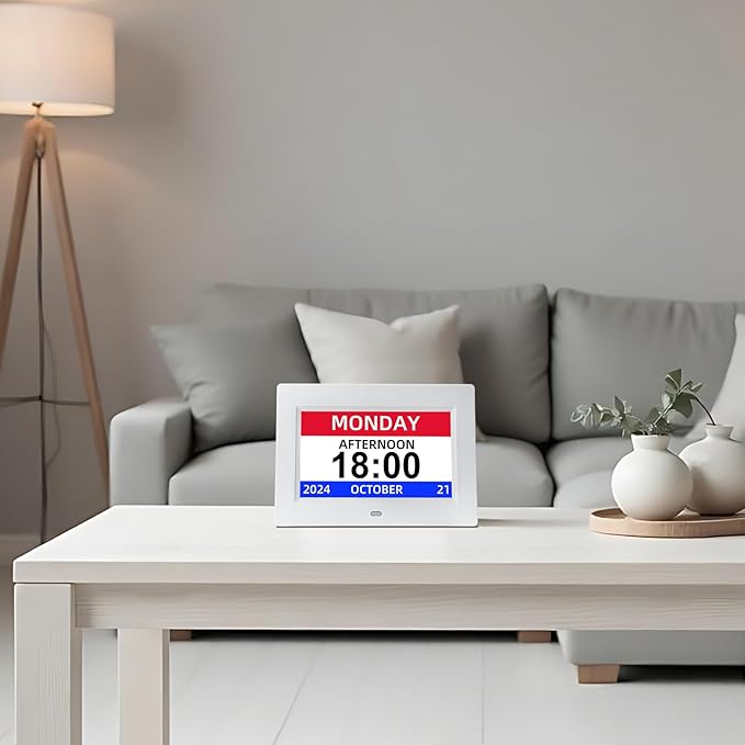 Digital Calendar Alarm Clock for Seniors - 7" Large Display with Day/Date, 12 Custom Alarms & Auto-Dimming | Medication Reminder, Dementia-Friendly Design, Easy Read (White)-CubbioJoy