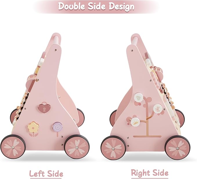 Beright Wooden Baby Walker Push and Pull Learning Activity Walker Kids’ Activity Toy Multiple Activities Center Develops Motor Skills & Stimulates Creativity(Pink)-CubbioJoy