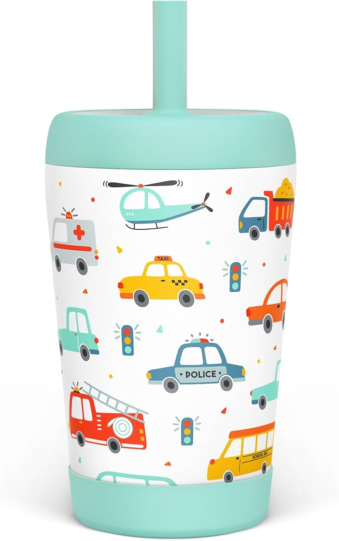 Kid Insulated Stainless Steel Tumbler with Silicone Straw, 12oz Sippy Cup for Kids (Transportation)-CubbioJoy