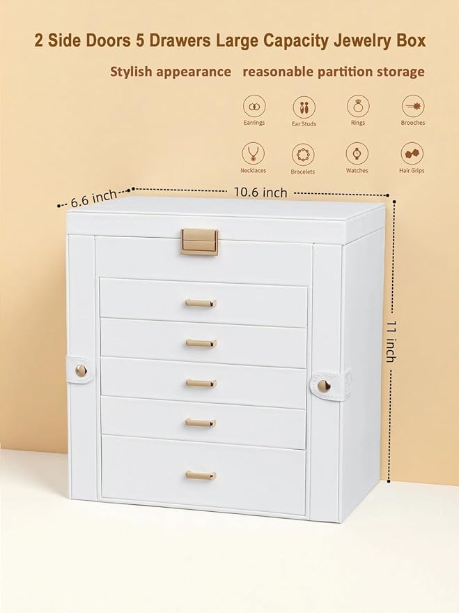 BOOVO Jewelry Box For women, 6 Layer Large Jewelry Organizer With Mirror, Multi-Function Storage Box With Lock, Necklace Holder With 5 Drawers, For Earrings Necklace Bracelet (White and Gold)-CubbioJoy