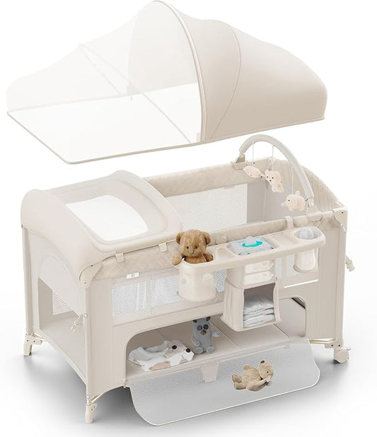 4 in 1 Baby Bassinet, Pack and Play, Bedside Crib Sleeper, Diaper Changer - Comes with Mattress, Mosquito Net，Bottom Storage and Toy Bar for Newborn to Toddles-CubbioJoy
