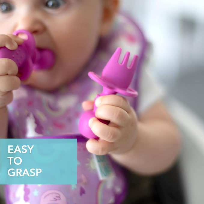 Bumkins Baby Utensils Set, Chewtensils Silicone Spoons for Dipping, Self-Feeding, Baby Led Weaning, Trainer Learning, First Stage Eating, Soft Practice Fork and Spoon, Babies 6 Months, Fuchsia-CubbioJoy
