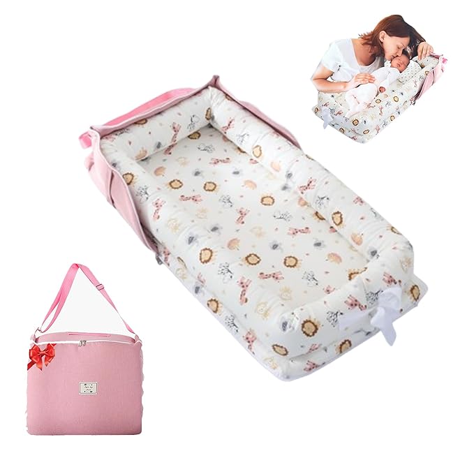 Baby Lounger for Tummy Time Portable,Baby Play mat with Strap,Newborn Lounger Inner Zipper for Boys Girls 0-24 Months,Animal World Pink-CubbioJoy