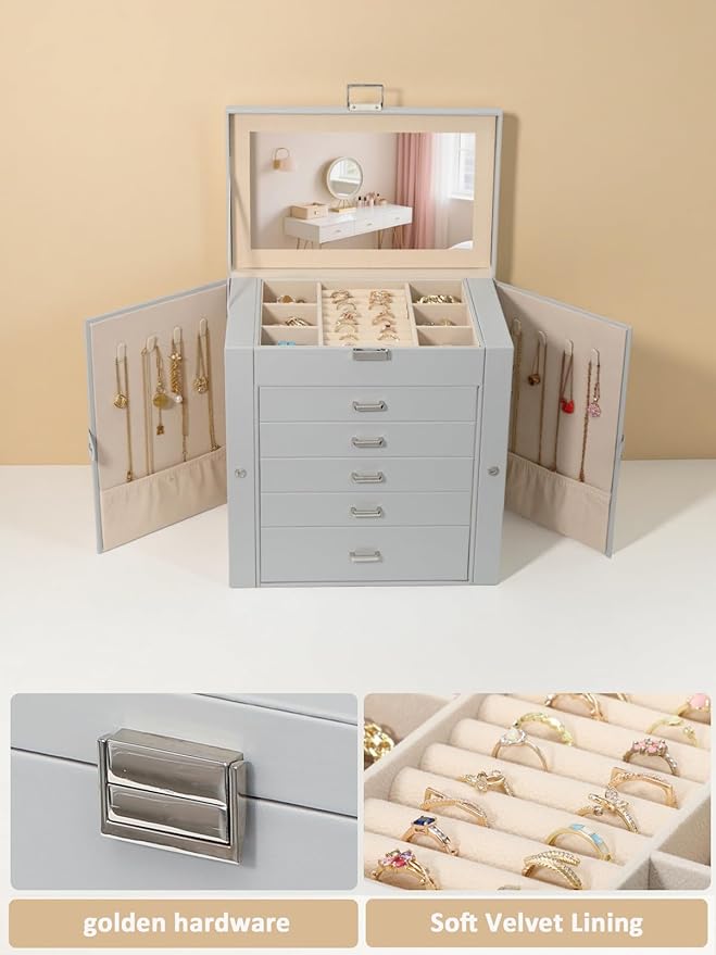 BOOVO Jewelry Box For women, 6 Layer Large Jewelry Organizer With Mirror, Multi-Function Storage Box With Lock, Necklace Holder With 5 Drawers, For Earrings Necklace Bracelet (Silver and Grey)-CubbioJoy