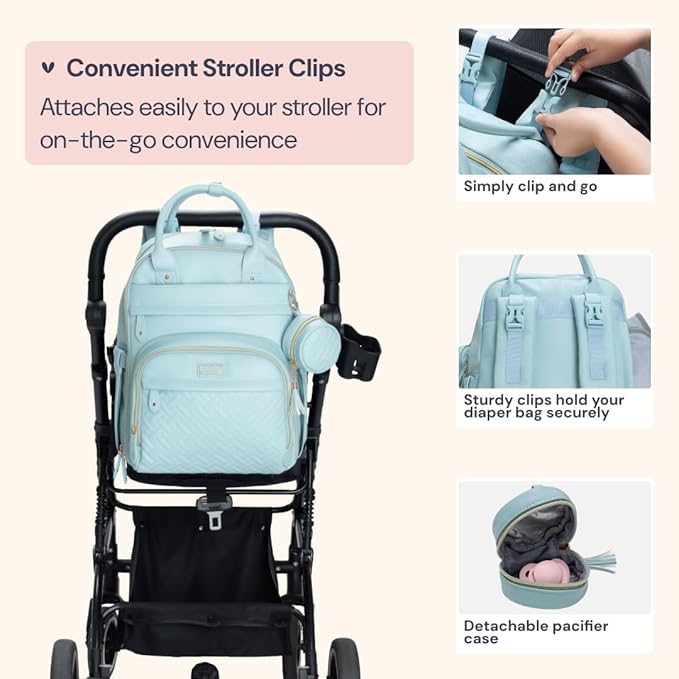 BabbleRoo Leather Diaper Bag Backpack - Baby Essentials Travel Baby Bag, Multi function, Waterproof, with Changing Pad, Stroller Straps & Pacifier Case – Unisex, Powder Blue-CubbioJoy