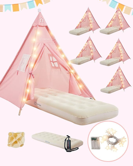 6 Pack Teepee Tent for Kids with Inflatable Airbed, Light, Toddler Tent Children Room Tents, Slumber Party Sleepover Tents, Indoor Outdoor Kids Playtent Playhouse for Girls & Boys-CubbioJoy