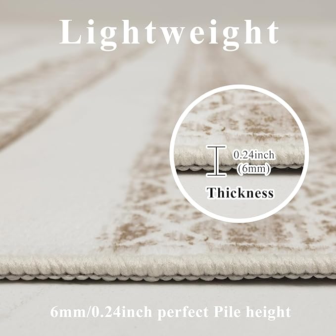 9x12 Area Rug Living Room Rugs, Boho Stain Resistant Washable Rug, Vintage Large Non-Slip Backing, Low Pile Lightweight Print Rug for Bedroom Dinning Room Home Office (Beige)-CubbioJoy