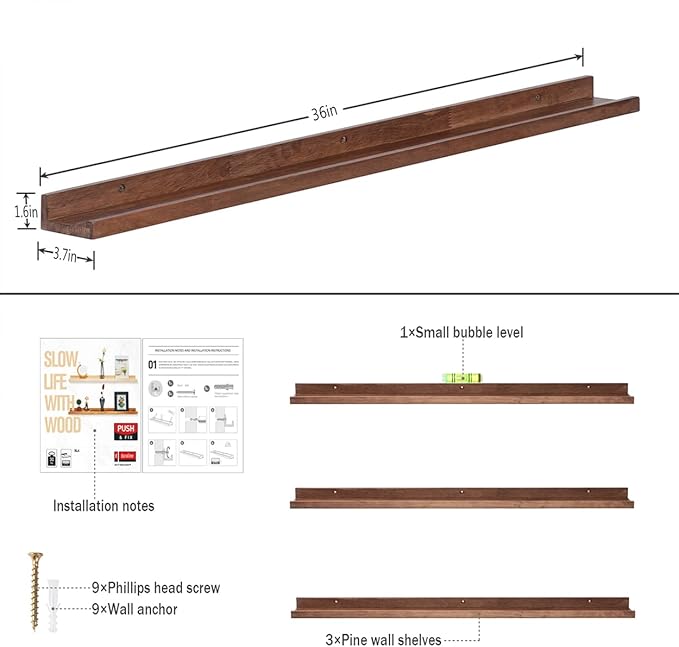 36 Inch Picture Ledge Shelf Rustic Wall Mount Light Walnut Long Narrow Picture Shelves Storage for Books Toys Music Albums Green Plants-Photo Ledge Shelf Set of 3 Mounting Hardware Include-CubbioJoy