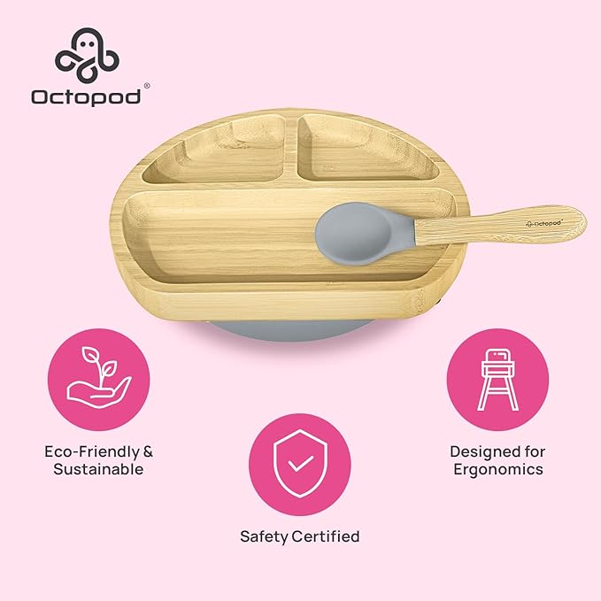 Abiie Octopod Bamboo Dish - Kids Plates for 4 months and up, 3-Compartment Baby Plates with Suction, Triangle Bamboo Baby Plate, Mess-Free Toddler Suction Plates, Baby Feeding Supplies, 8.3x1.9x7.7 in-CubbioJoy