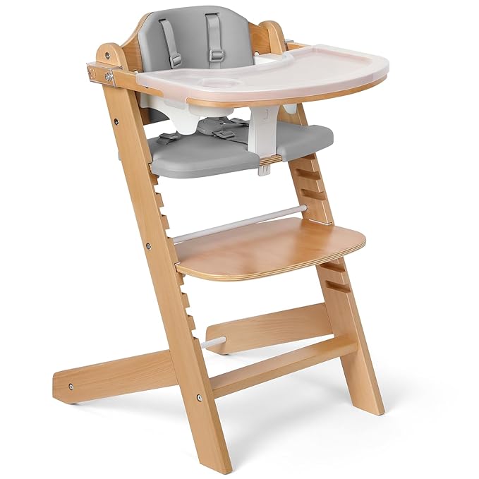 Cowiewie 3-in-1 Convertible Natural Wooden High Chair for Babies & Toddlers 3-Tier Remove & 2 Adjustable Wood Tray & 8 Levels Adjustable, 2 Waterproof Cozy Cushions Grey-CubbioJoy