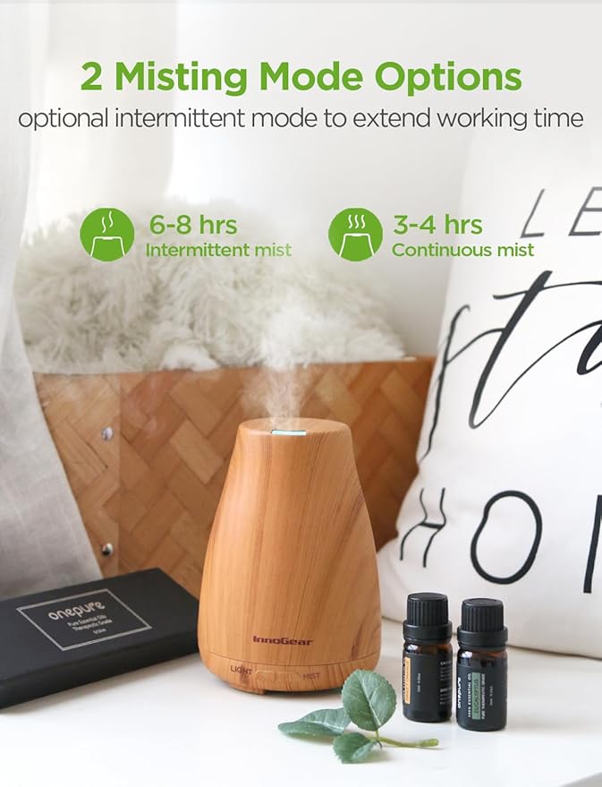 InnoGear Essential Oil Diffuser with Oils, 100ml Aromatherapy Diffuser with 6 Essential Oils Set, Aroma Cool Mist Humidifier Gift Set, Yellow Wood Grain-CubbioJoy