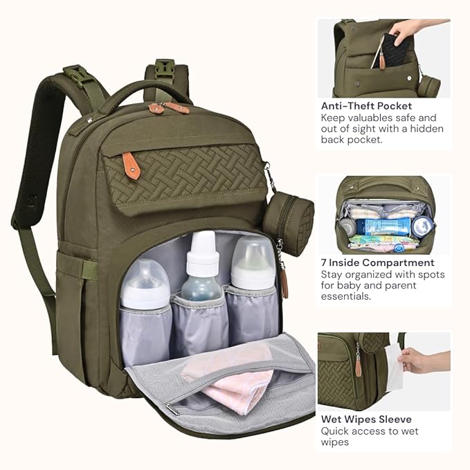 BabbleRoo Diaper Bag Backpack, Travel Backpack with Changing Pad, Pacifier Case & Stroller Straps, Multifunction, Waterproof, Unisex – Army Green-CubbioJoy
