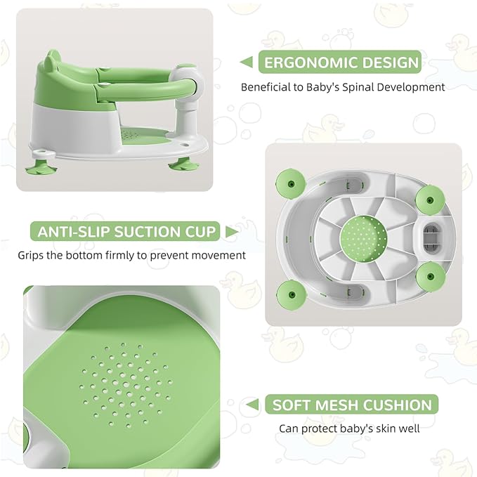 Baby Bath Seat for Babies 6 Months & up, Non-Slip Toddler Bath Seats for Babies Sitting Up, Safe Infant & Newborn Bathtub Chair with 4 Suction Cups & Soft Cushion for Shower,Gray-CubbioJoy