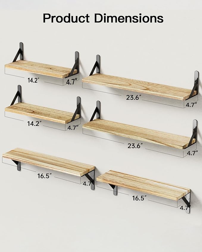 AMADA HOMEFURNISHING Long Wall Shelves, Rustic Farmhouse Style, Wood Floating Shelves for Wall Decor, Bathroom & Bedroom Storage, Living Room Book Shelves, 6pcs-CubbioJoy