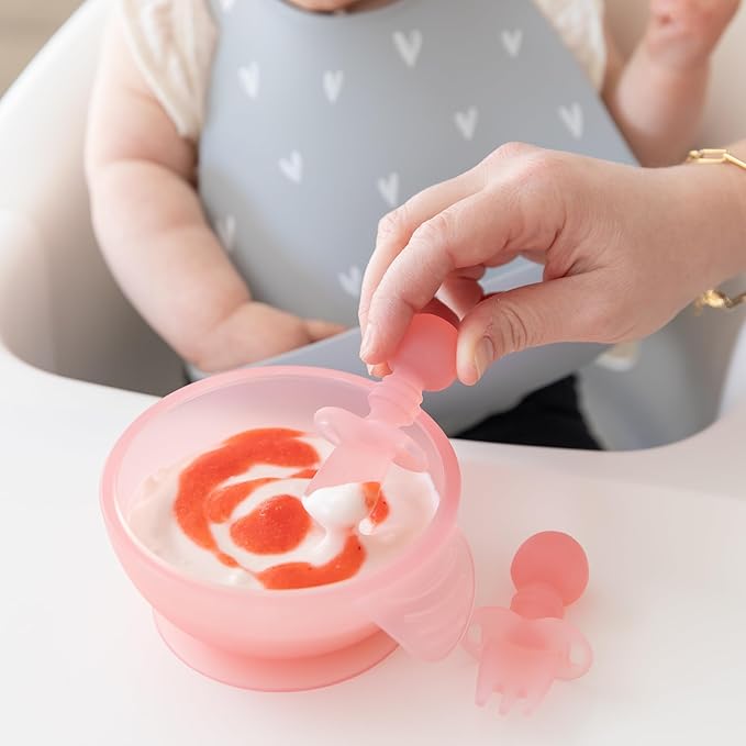 Bumkins Baby Utensils Set, Chewtensils Silicone Spoons for Dipping, Self-Feeding, Baby Led Weaning, Trainer Learning, First Stage Eating, Soft Practice Fork and Spoon, Babies 6 Months, Pink Jelly-CubbioJoy