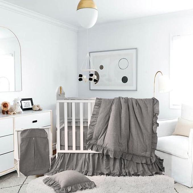 Brandream Baby Crib Bedding Set for Girls Boys Gender Neutral Boho Bohemian Farmhouse Chic Ruffle 6-Piece Nursery Bedding Set - 100% Washed Cotton Gray Grey-CubbioJoy