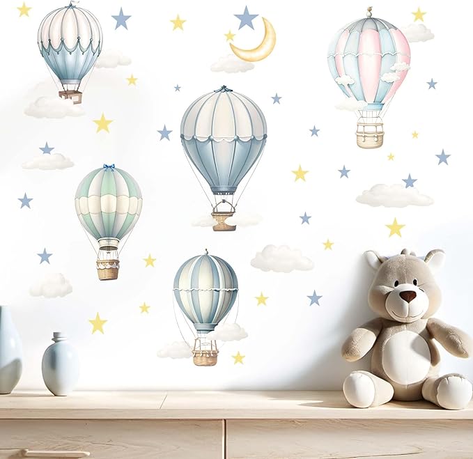 Balloon Wall Decals for Kids Room: Peel and Stick Hot Air Balloon Stars Cloud Wall Stickers - Baby Nursery Boys Room Girls Bedroom - Children Supplies Ages 1-12 Years Wall Decor Art-CubbioJoy