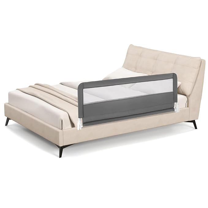 BABY JOY Bed Rails for Toddlers, 59‘’ Extra Long, Upgraded Swing Down Bed Guard w/Safety Straps, Folding Baby Bedrail for Kids Twin, Double, Full Size Queen & King Mattress (Gray, 59-Inch)-CubbioJoy