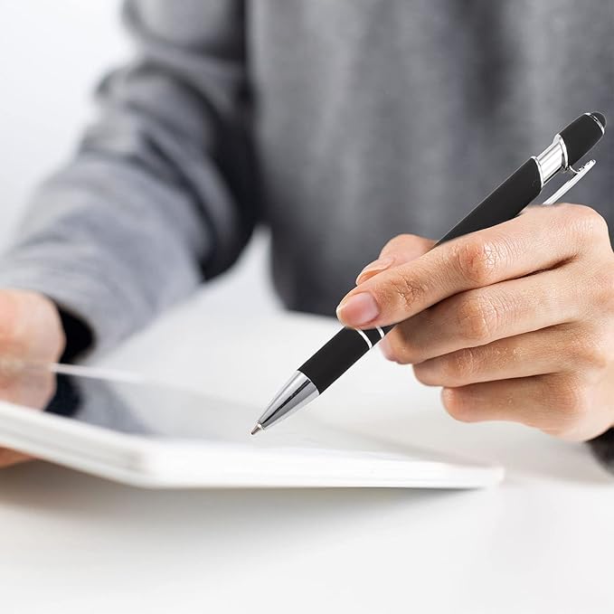 8 Pieces Ballpoint Pen with Stylus Tip Black Ink 2 in 1 Stylus Metal 1.0 mm Medium Point Smooth Pen Rainbow Colorful Rubberized Ballpoint for Touch Screen Tablet(Black)-CubbioJoy