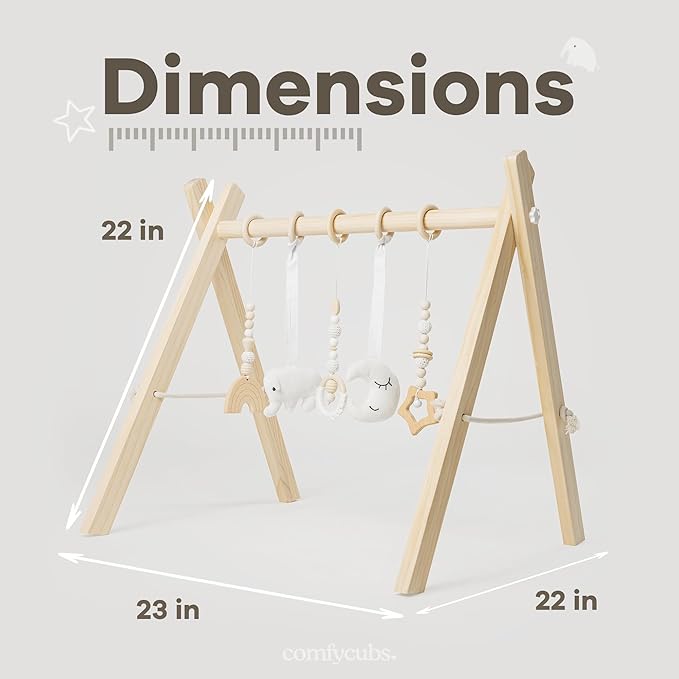 Comfy Cubs Wooden Baby Play Gym - Natural Finish Pinewood Baby Activity Gym with 5 Sensory Hanging Toys - Easy No-Tool Assembly, Safe and Durable for Infant Motor and Visual Development - Natural Wood-CubbioJoy