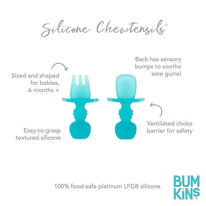 Bumkins Baby Utensils Set, Chewtensils Silicone Spoons for Dipping, Self-Feeding, Baby Led Weaning, Trainer Learning, First Stage Eating, Soft Practice Fork and Spoon, Babies 6 Months, Blue Jelly-CubbioJoy