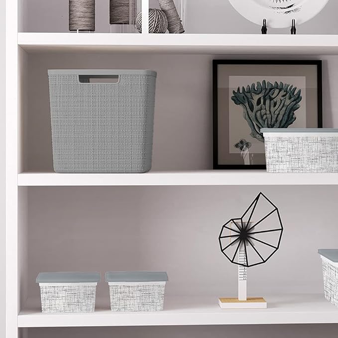 Curver Set of 4 Jute Large Cube Decorative Plastic Organization and Storage Baskets, Perfect Bins for Home Office, Closet Shelves, Kitchen Pantry and All Bedroom Essentials, Grey-CubbioJoy