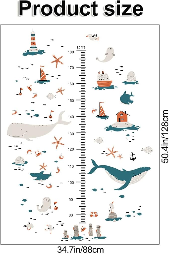 3D Cartoon Height Growth Chart for Kids Wall Decal Removable DIY Whale Ocean Animal Wall Decal Peel and Stick Sailing House Art Decor for Kids Nursery Bedroom Living Room Bathroom Decor-CubbioJoy