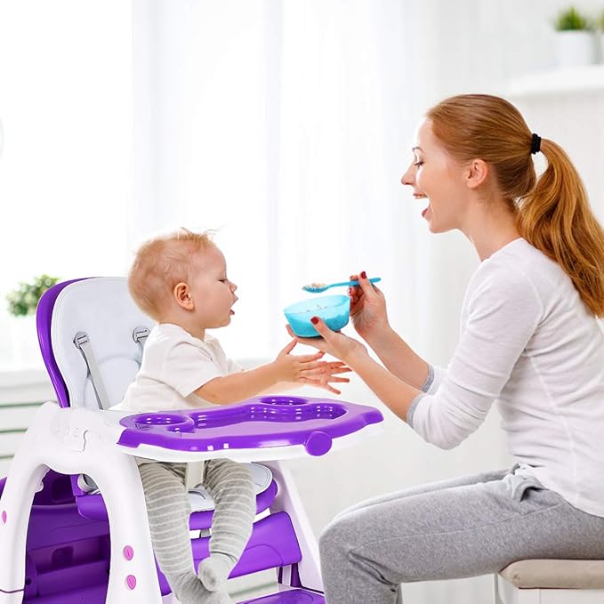 Costzon Baby High Chair, 3 in 1 Infant Table and Chair Set, Convertible Booster Seat with 3-Position Adjustable Feeding Tray, Adjustable Seat Back, 5-Point Harness (Purple)-CubbioJoy
