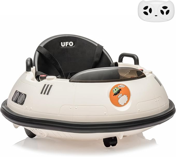 12V Electric Ride on Bumper Car for Toddlers, Kids Bumper Car with Remote Control, 360 Degree Spin, LED Lights, Dual Joysticks, Safety Belt for 18+ Months Kids, White-CubbioJoy