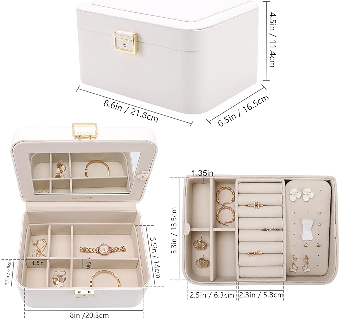 KAMIER Travel Jewelry Box, 2 Layers PU Leather Portable Jewelry Organizer, Large Capacity, Double Lock and Large Mirror, Hidden Necklace Hooks, Removable Dividers, Gift Box Packaging, White-CubbioJoy