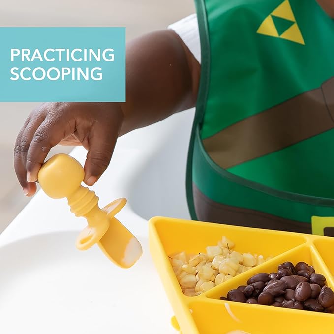 Bumkins Baby Utensils Set, Chewtensils Silicone Spoons for Dipping, Self-Feeding, Baby Led Weaning, Trainer Learning, First Stage Eating, Soft Practice Fork and Spoon, Babies 6 Months, Pineapple-CubbioJoy