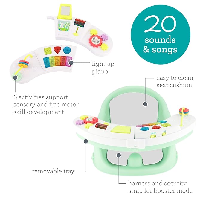 Infantino Music & Lights 3-in-1 Discovery Seat and Booster - Convertible Booster, Infant Activity Seat and Feeding Seat with Electronic Piano for Sensory Exploration, for Babies and Toddlers, Mint-CubbioJoy