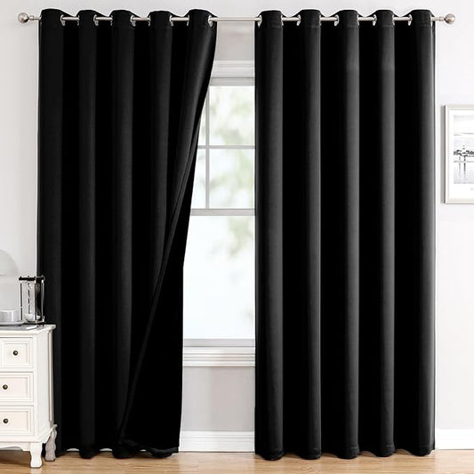 ChrisDowa 100% Blackout Curtains 84 inch Long for Bedroom with Black Liner, Extra Wide 2 Thick Layers Total Blackout Thermal Insulated Grommet Window Curtains 2 Panels Set (Black, 60 x 84 Inch)-CubbioJoy