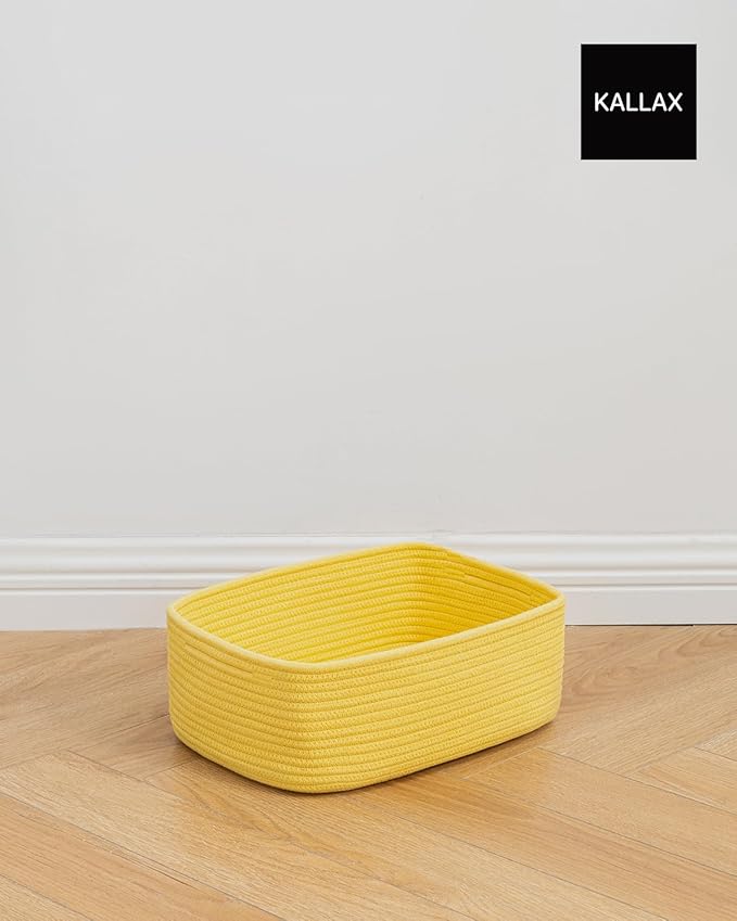 KALLAX Small Woven Basket, 13.5 x 9.5 x 5 Inches, Storage Basket for Organizing, Cute Small Rope Shelf Closet Cube Storage Bins Baskets for Shelves, Dog Toy Gift Baskets Empty, 3 Pack Yellow-CubbioJoy
