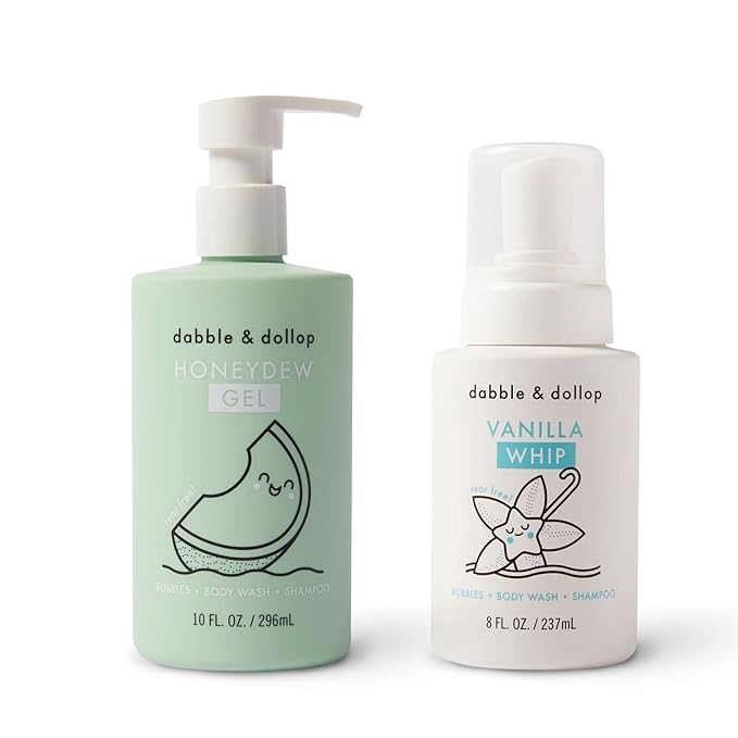 Dabble & Dollop Honeydew Melon + Vanilla Body Wash & Shampoo – 3-in-1 Natural Bubble Bath for Kids, Made in USA, No Parabens or Sulfates, Vegan, Gluten-Free, Tear-Free (2-Pack)-CubbioJoy