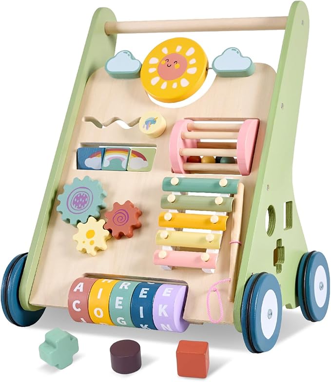 Baby Push Walker, Wooden Baby Walker with Wheels, Montessori Push Walker for Babies 6-12 Months, Push Walking Toys for Boys&Girls 1 Year Old, Gifts for Toddler-CubbioJoy