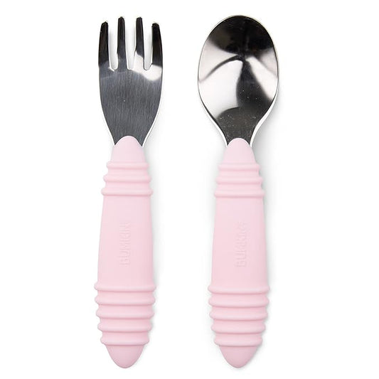 Bumkins Toddler Utensils, Kids Fork and Spoon Set, Silicone and Stainless-Steel Silverware, Angled Forks / Sporks for Self-Feeding, Children Training Flatware Cutlery for 18 Months Up, Pink-CubbioJoy